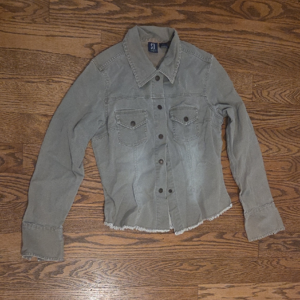 SO - Juniors - Distressed Gray- Green Denim Jacket - Size L